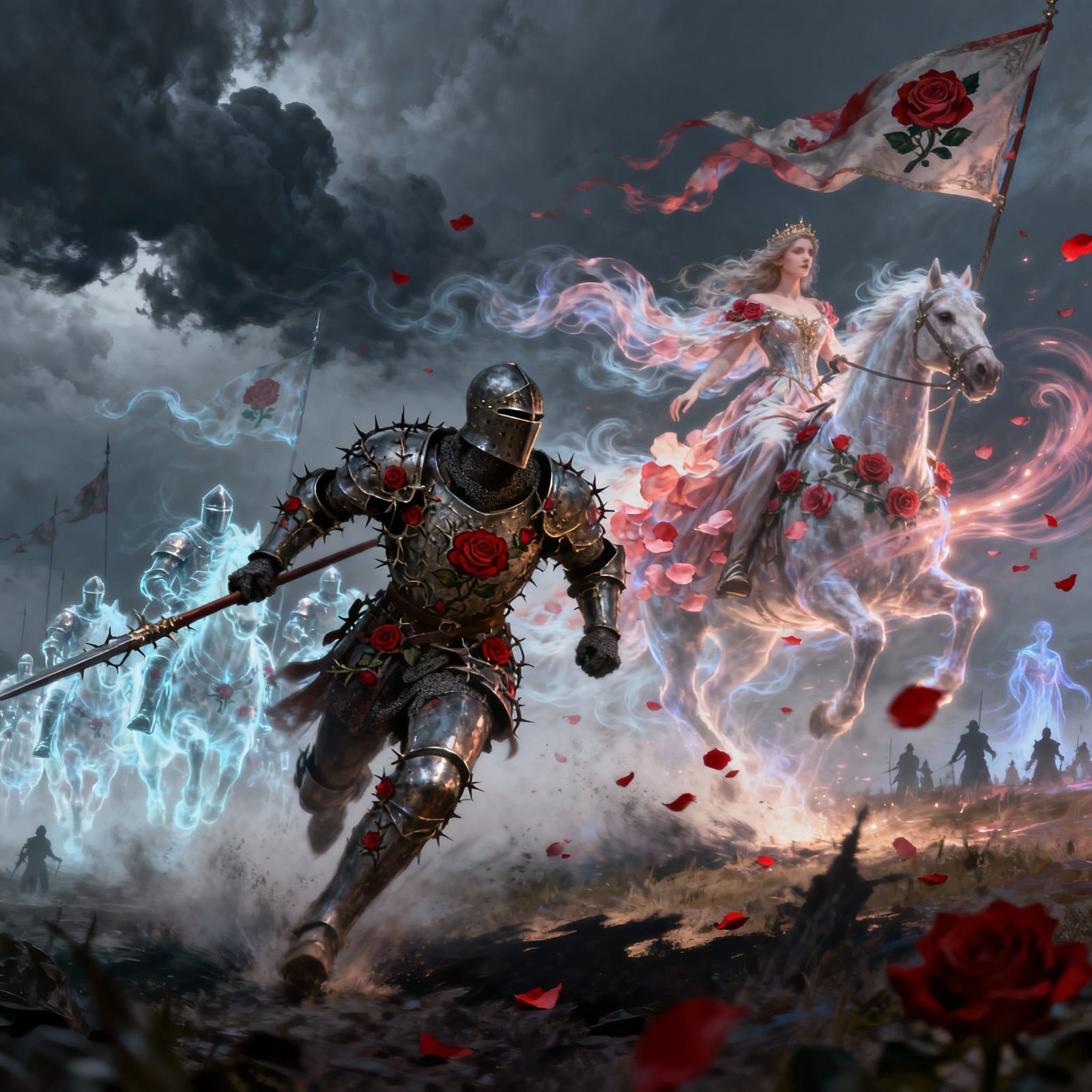 Gothic Knight Charges Queen of Roses in Misty Battlefield