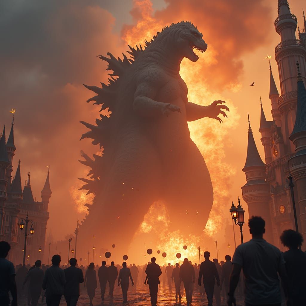 Godzilla's Cyberpunk Attack on a Disney Castle