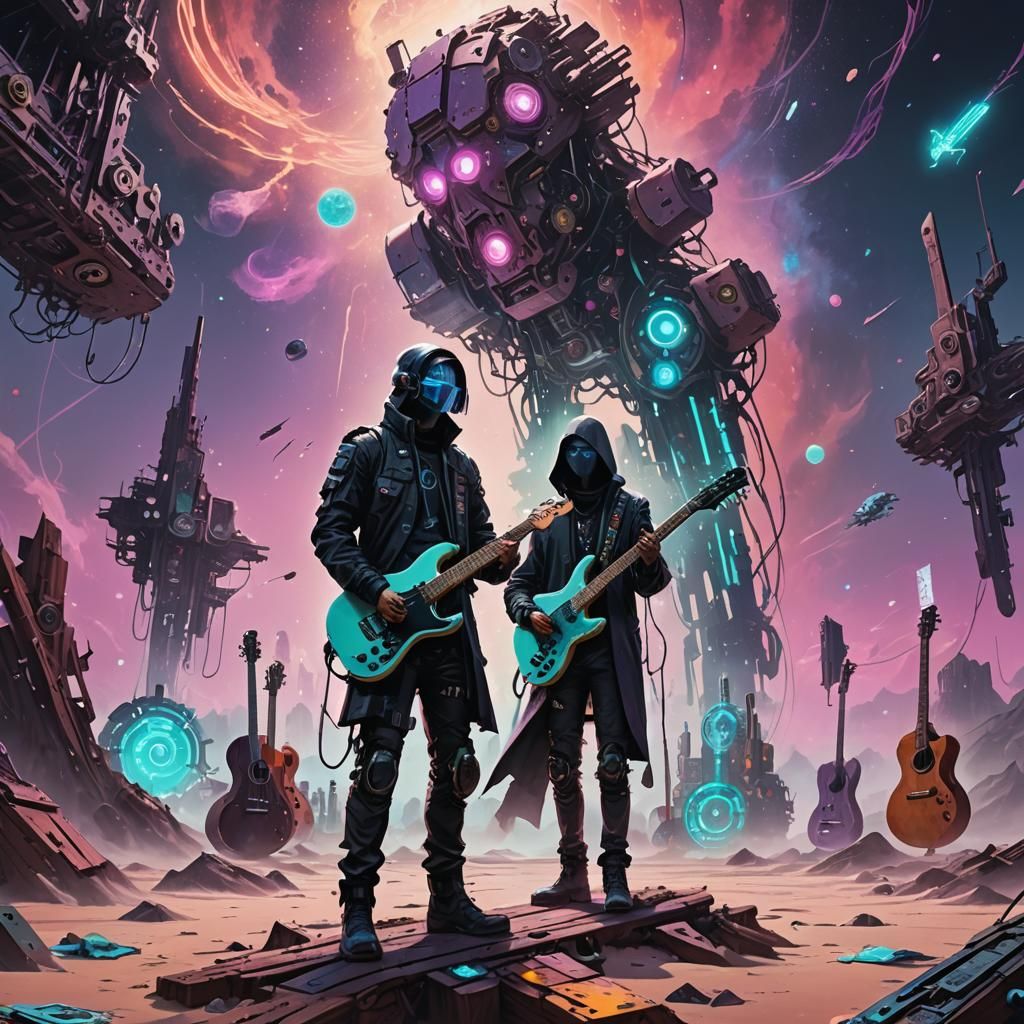 Cyberpunk Figure on Nebula Beach with Guitars
