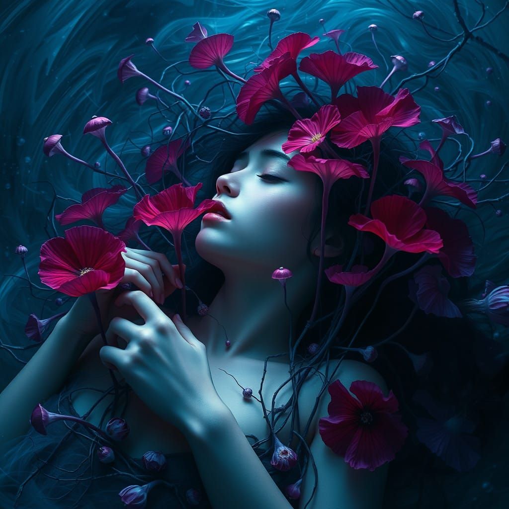 Ethereal Woman Suffers Amidst Crimson, Indigo Flowers in a D...