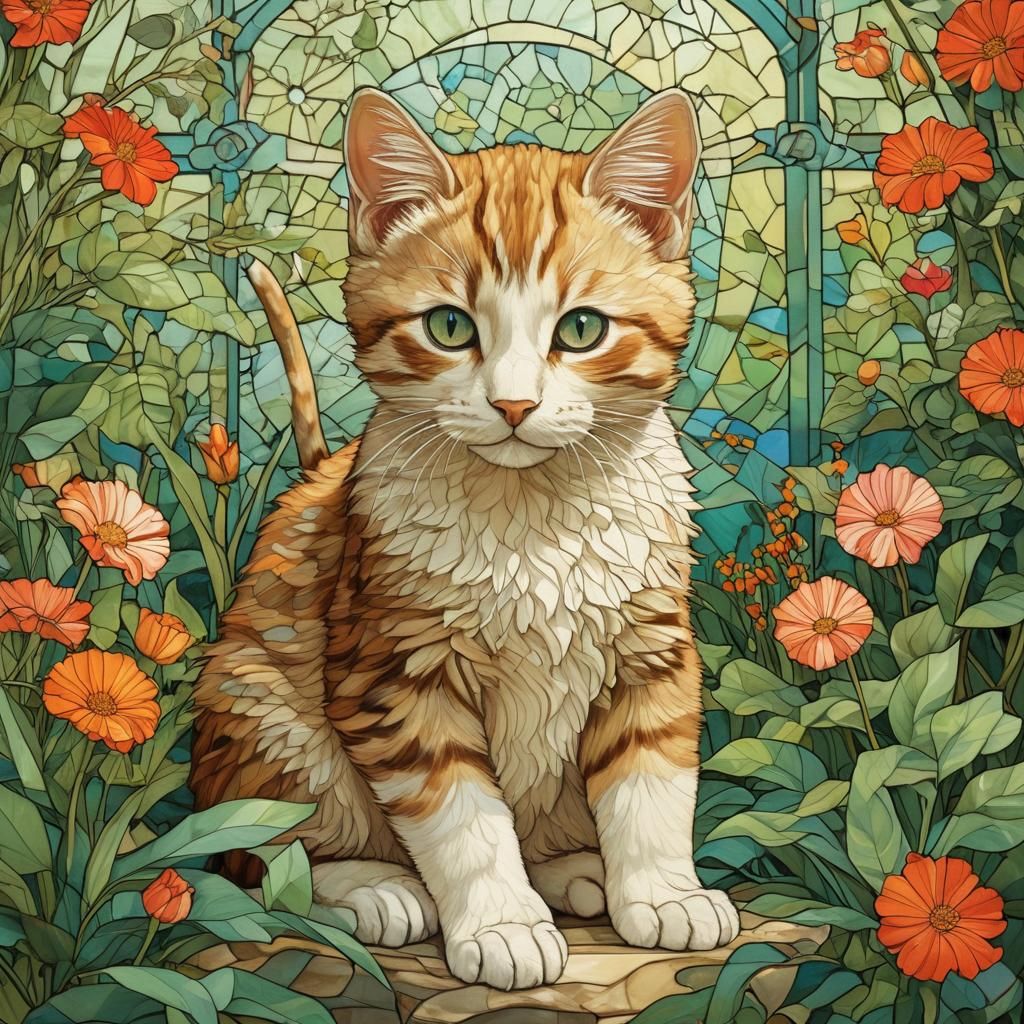 Kitten in Garden: Stained Glass Mosaic Style