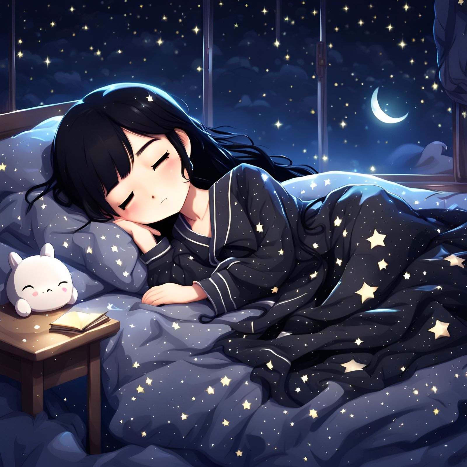 Chibi Girl Sleeping in Starry Night Bed