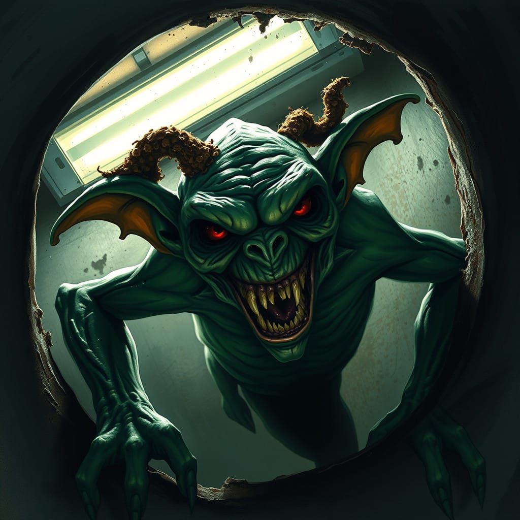 Emerald Goblin Unleashed from Dark Air Vent in Gothic Style