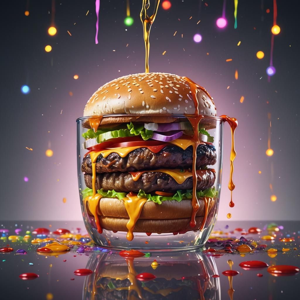 Hamburger in Glass: Hyperrealistic Splatter Art