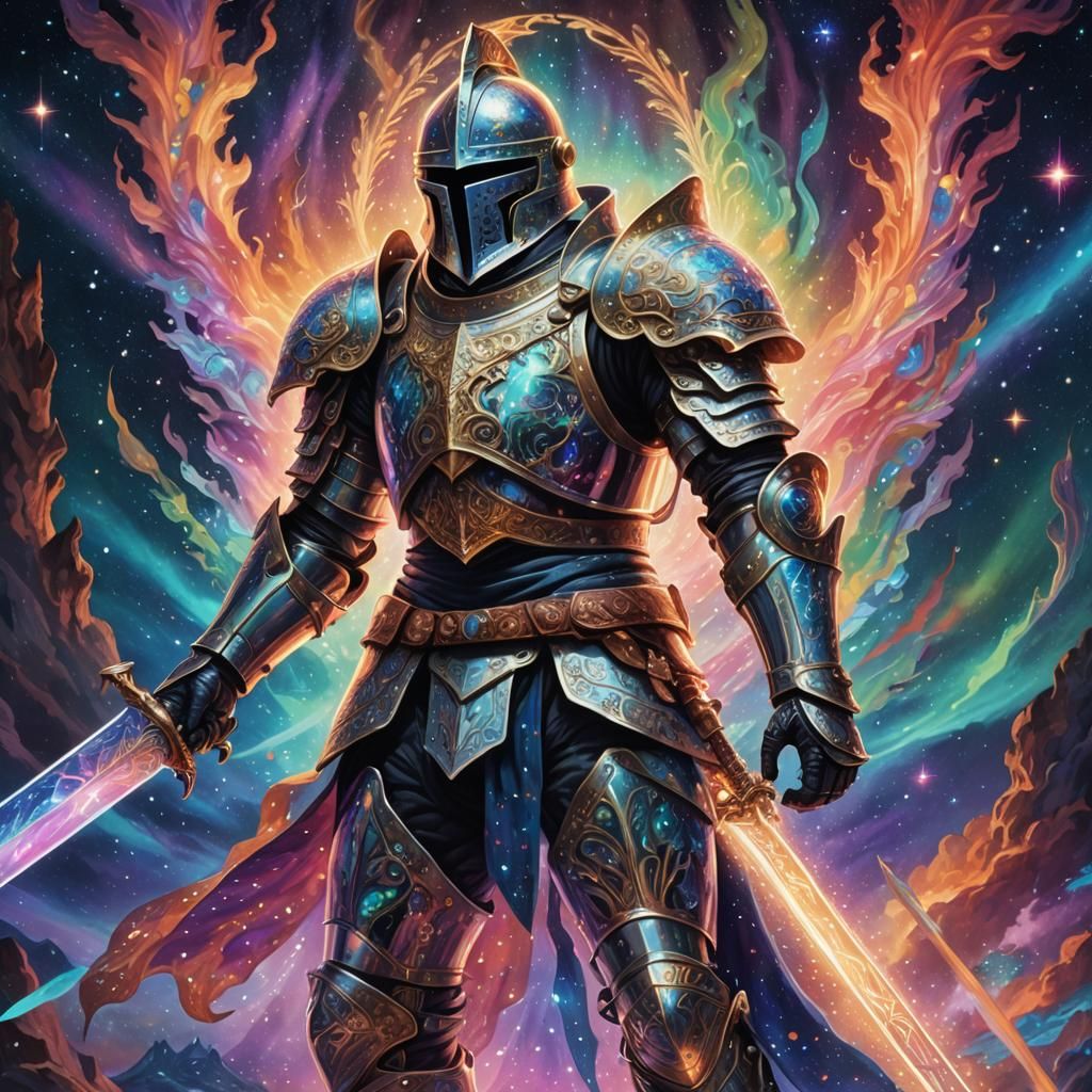 Astral Knight Floating in Cosmic Aurora Borealis