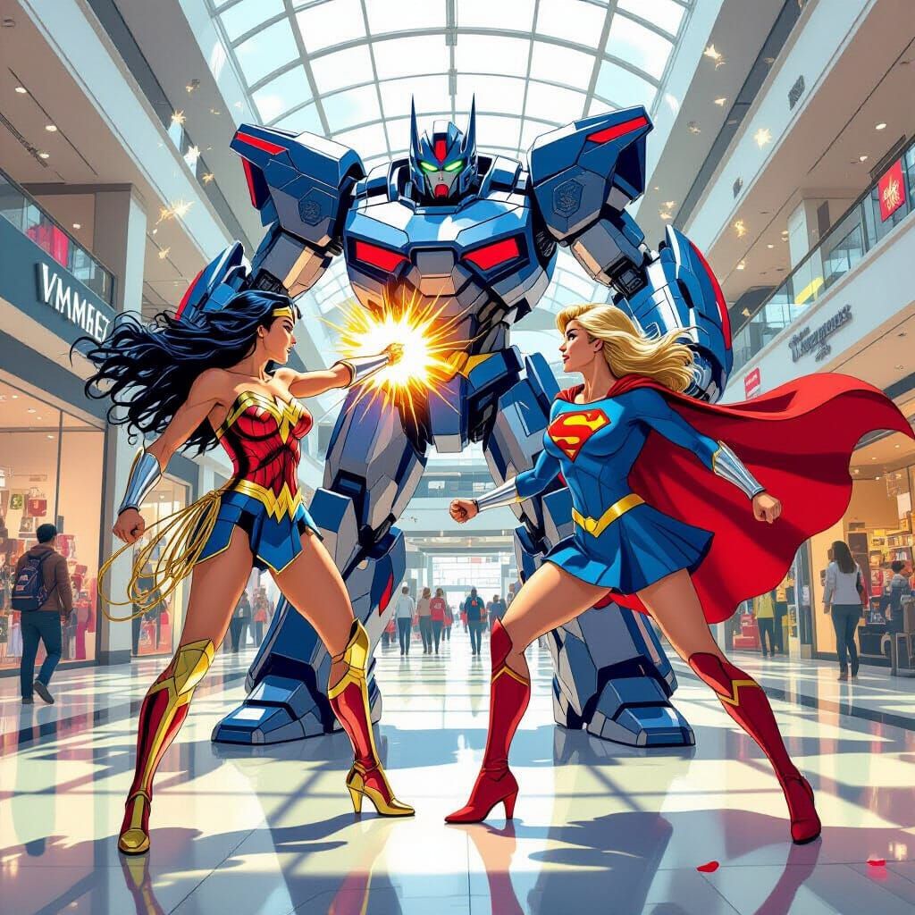 Wonder Woman and Supergirl Battle Robot in Mall