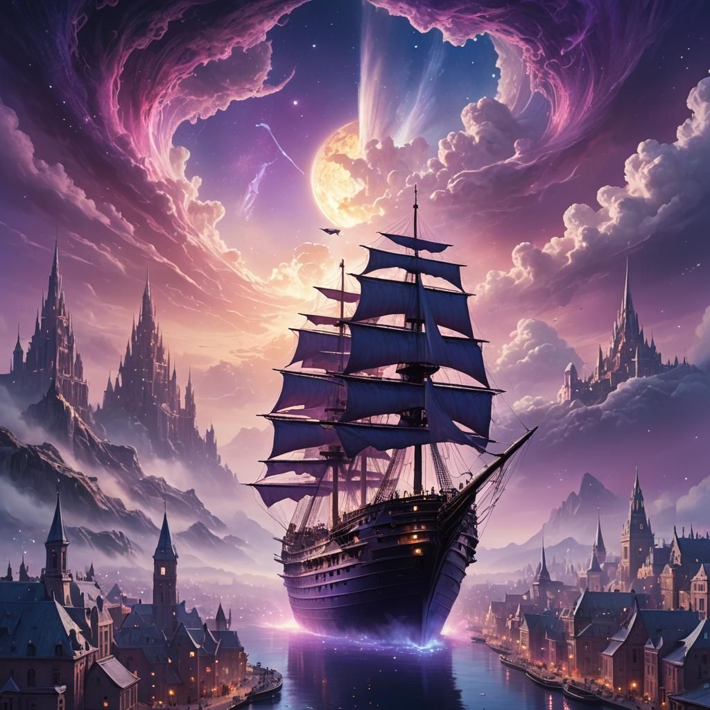Ship Sails to Fantasy City in Glowing Void