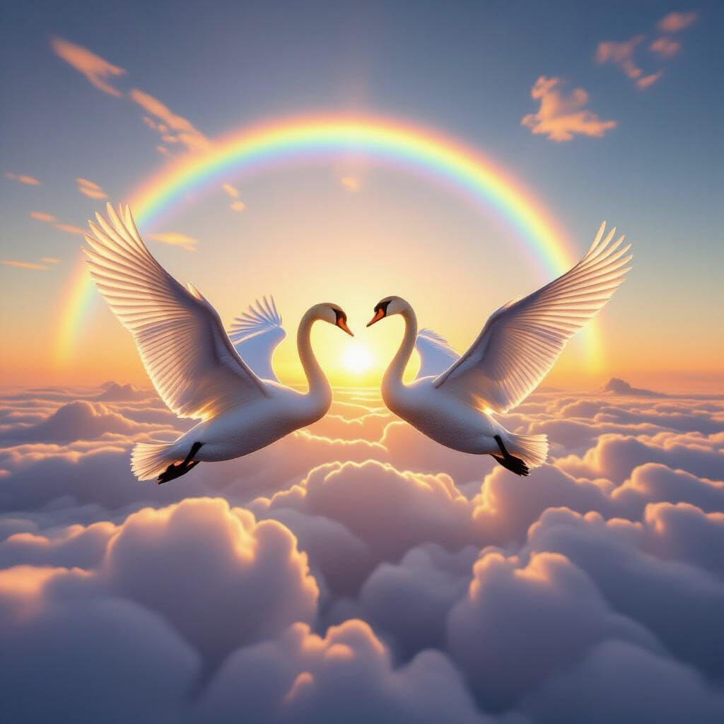 Swans Flying Through Golden Sunrise Clouds