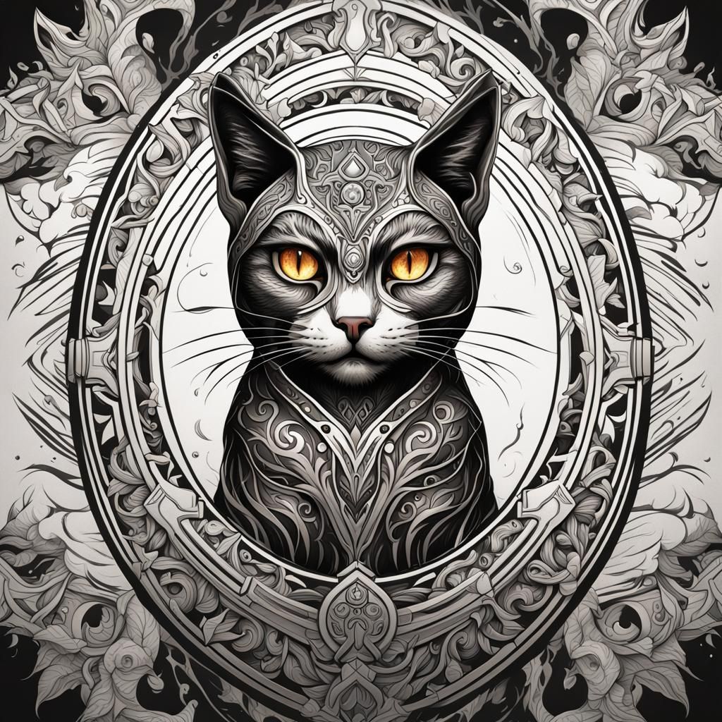 Mystical Cat Tattoo Sketch in Abstract Style