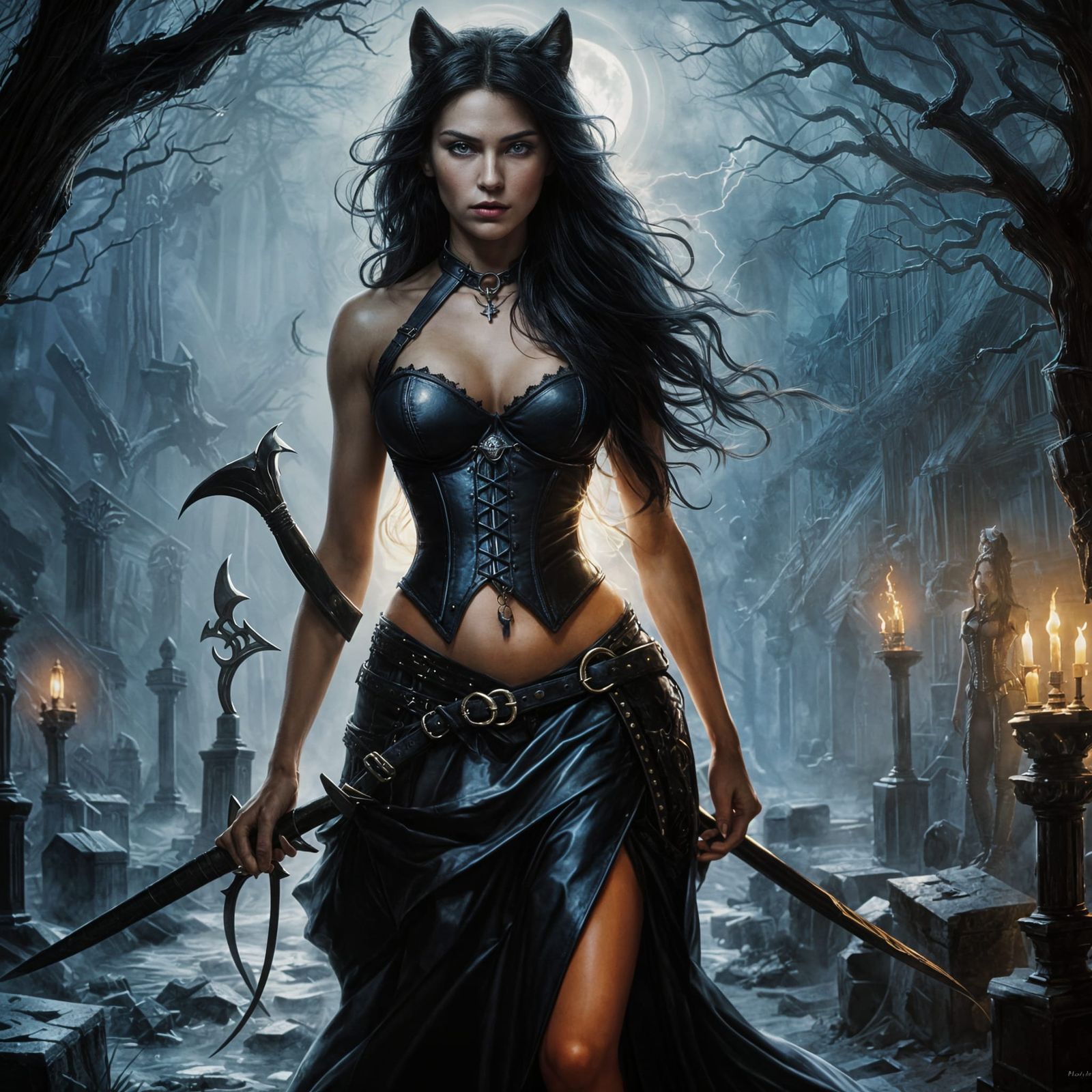 Gorgeous Anthro She-Wolf in Stormy Graveyard