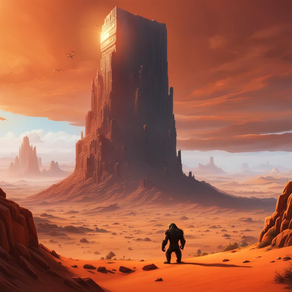 Ape Gazing at Monolith in Orange Desert