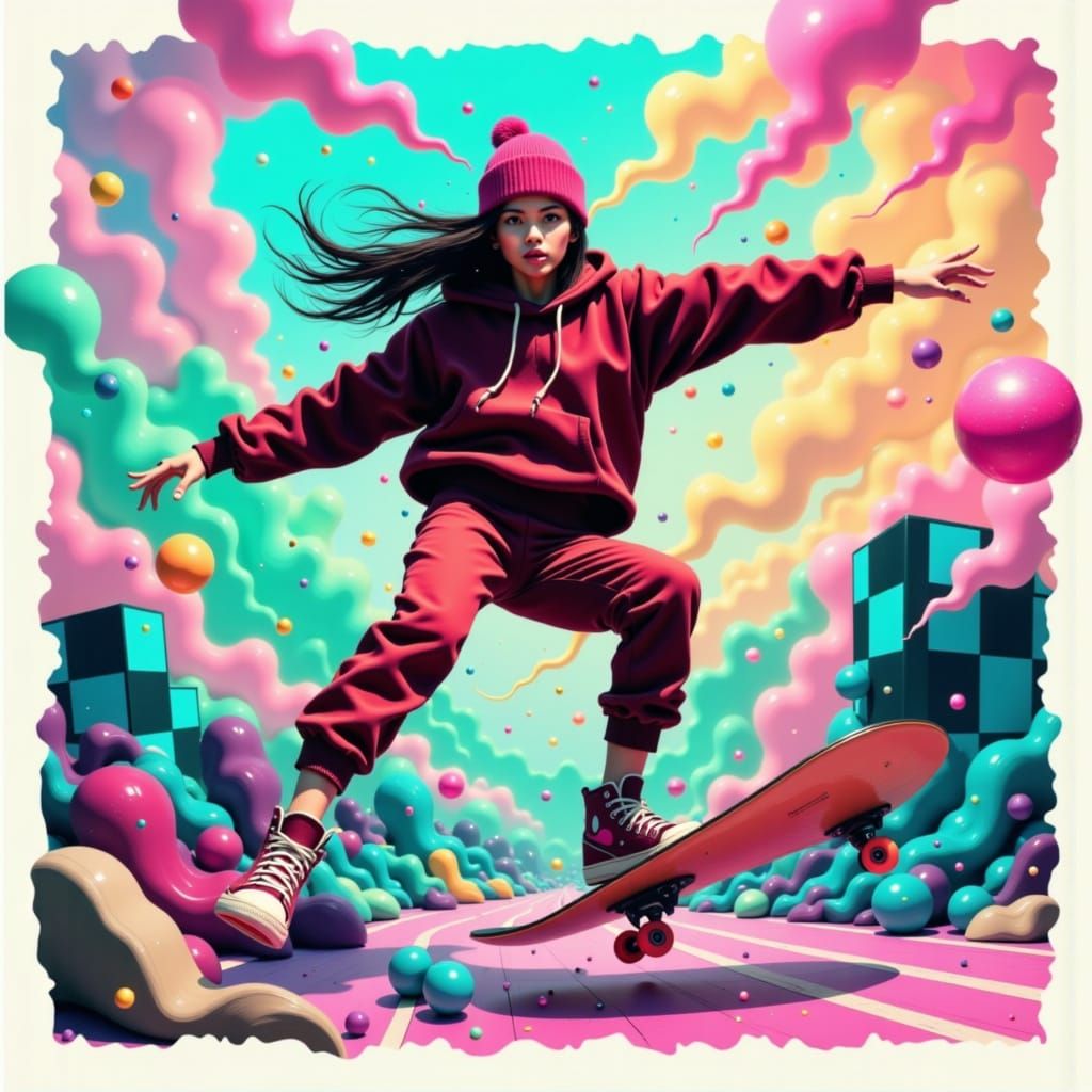 Skater in Mid-Air with Neon Checkered Background