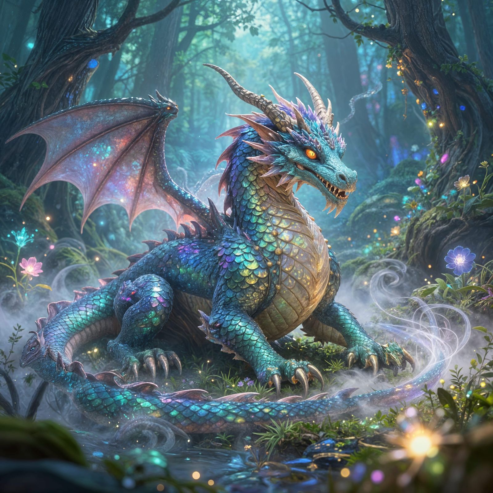 Mythical Dragon in Enchanted Forest Digital Art