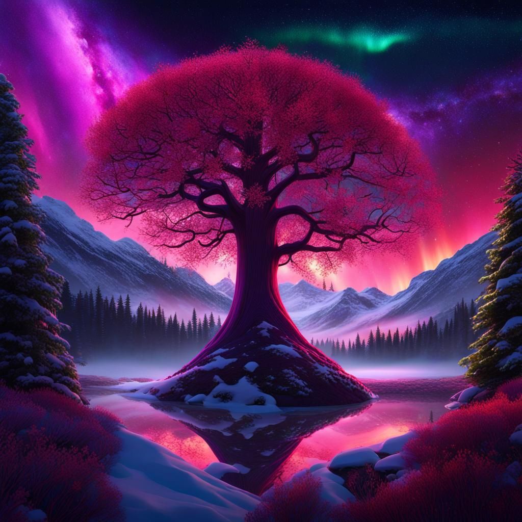 Aurora-lit Dendrite Tree with Festive Gathering