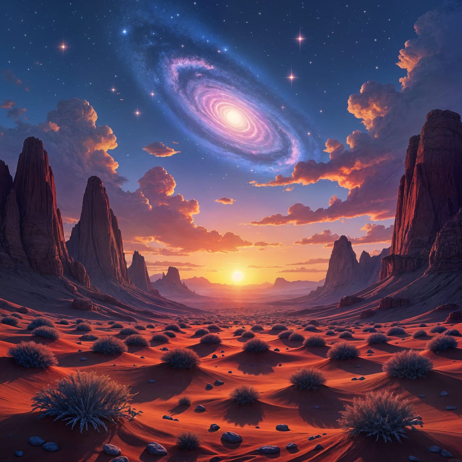 Alien Desert Landscape at Twilight with Binary Sunset