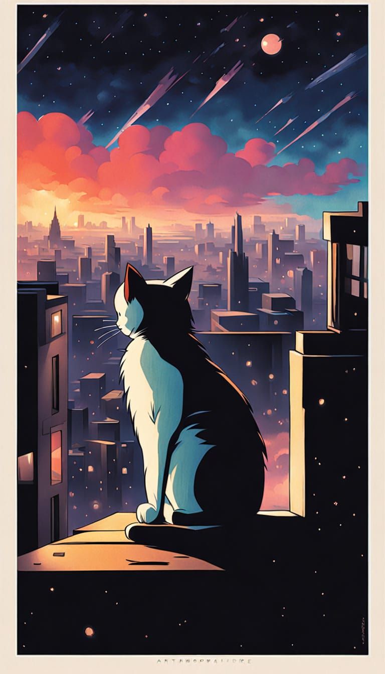 Robotic Cat Watching Rainbow Meteor Shower in Kawaii Art