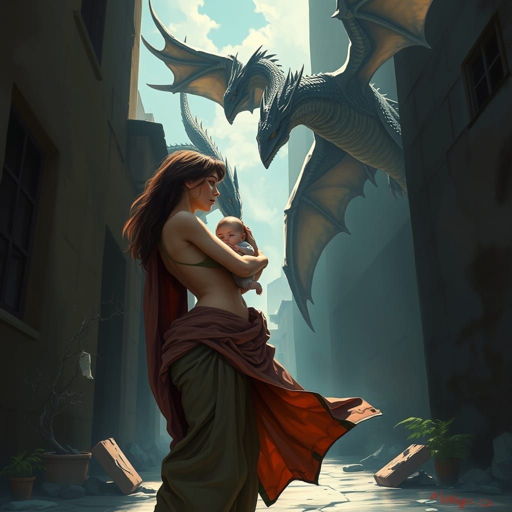 Woman and Sunmon Infant Watching Dragons Soar