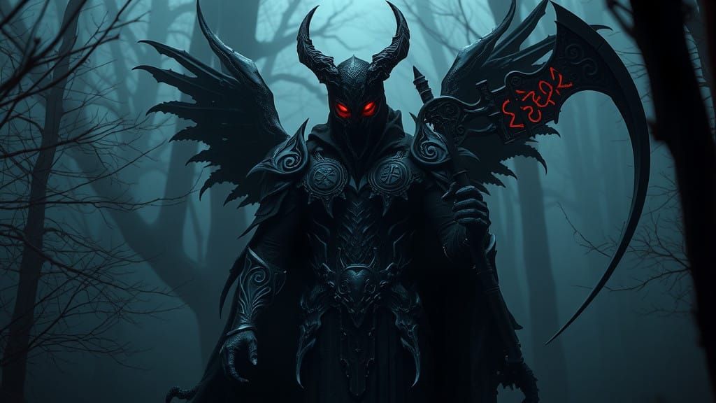 Ethereal Guardian of Shadows in Dark, Mystical Forest