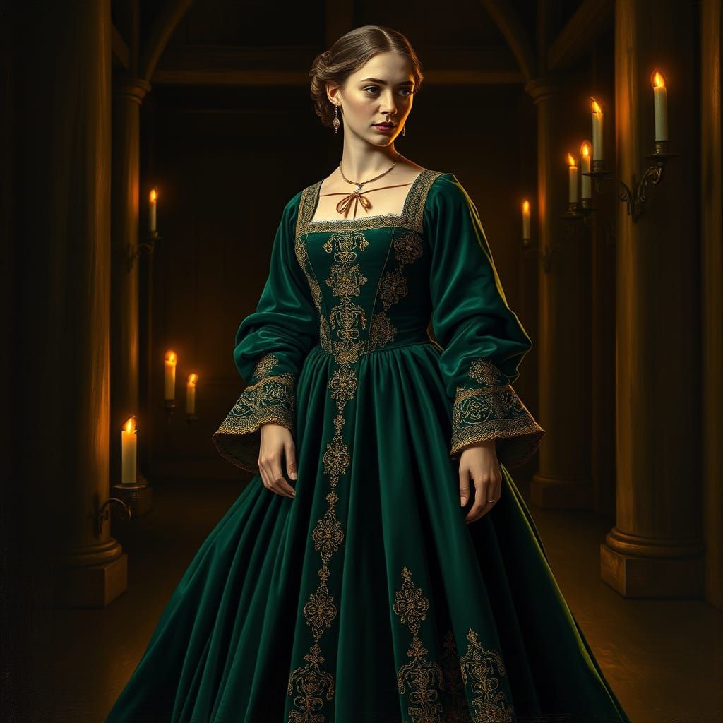 Emerald Green 14th Century Gown in Candlelit Chamber