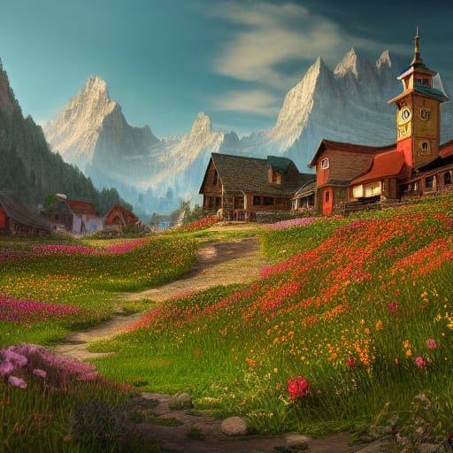 Mountain Town in Flower Meadow: Fantasy Concept Art
