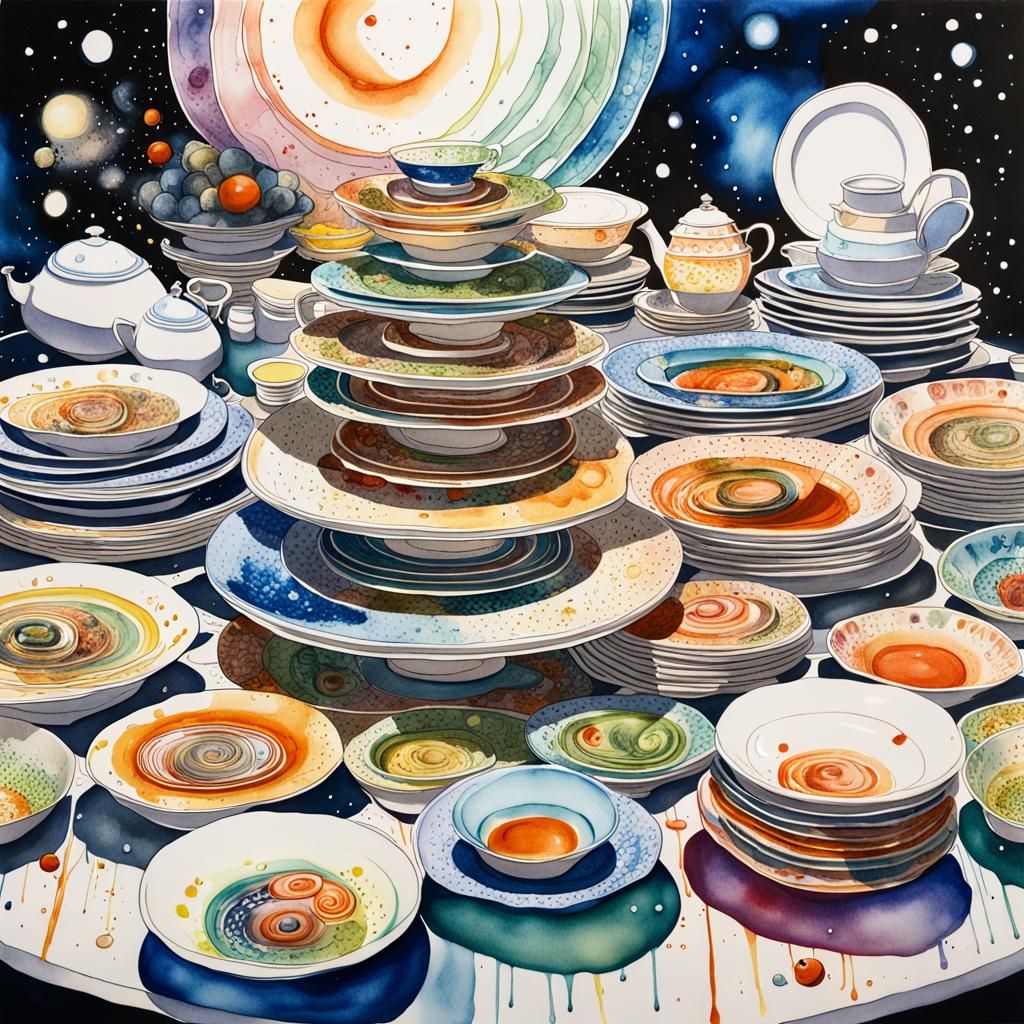 Galactic Manga Kitchen: Stacked Plates in Watercolor Style