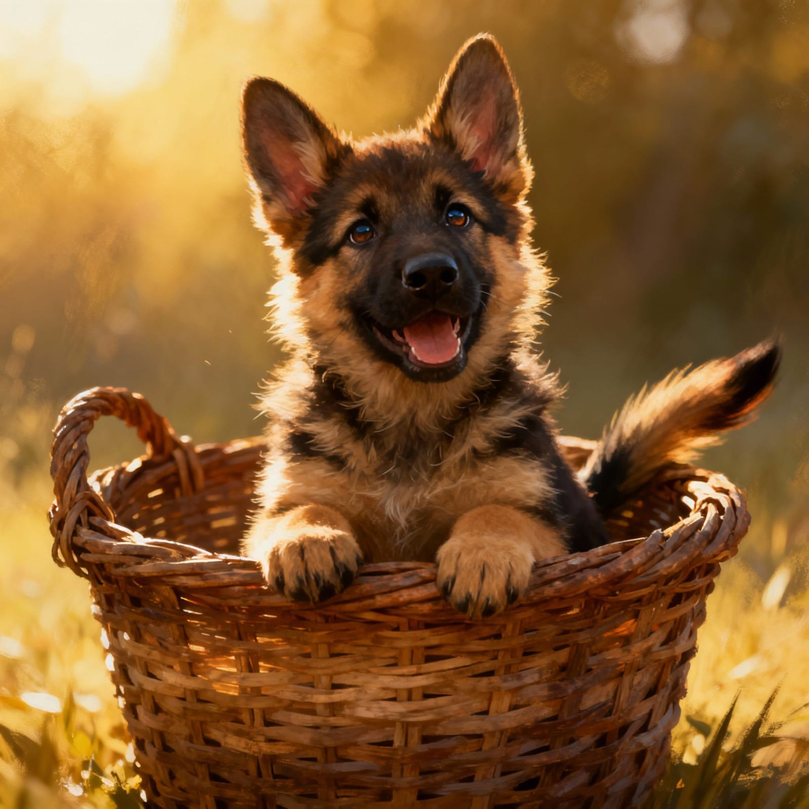 Adorable German Shepherd Puppy in Basket - Realistic Digital...