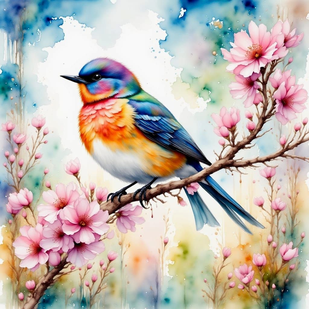 Watercolor Bird in Cherry Blossoms, Spring Day