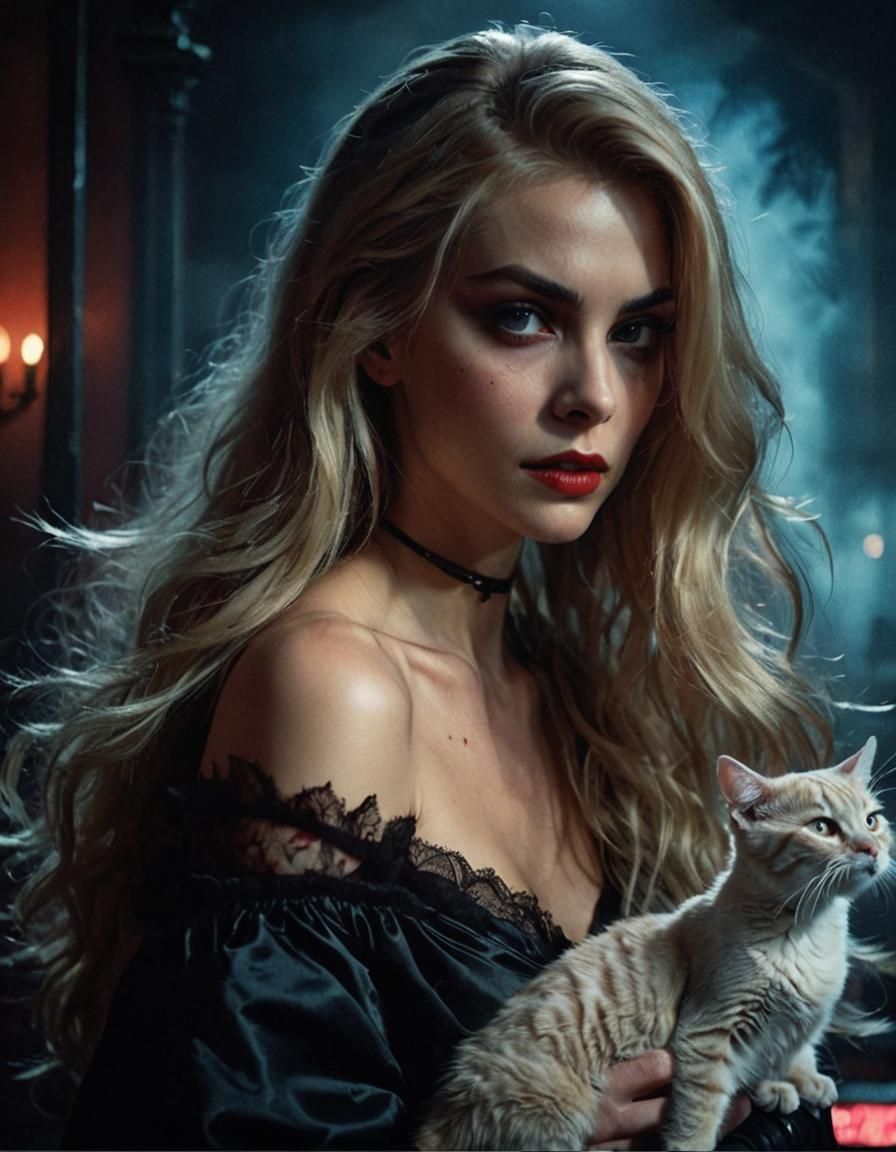 Blonde Vampire Caressing Cat in Moody Cinematic Still