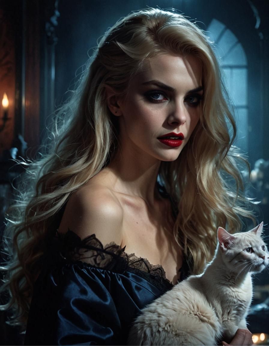 Vampire Caressing Cat in Film Noir Style
