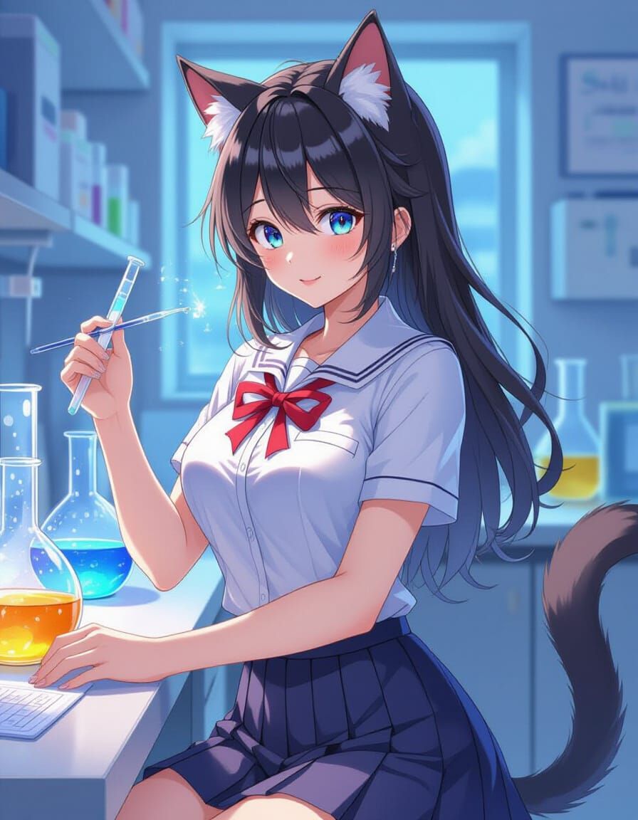 Neko Girl in School Uniform in Hyper-Realistic 8K