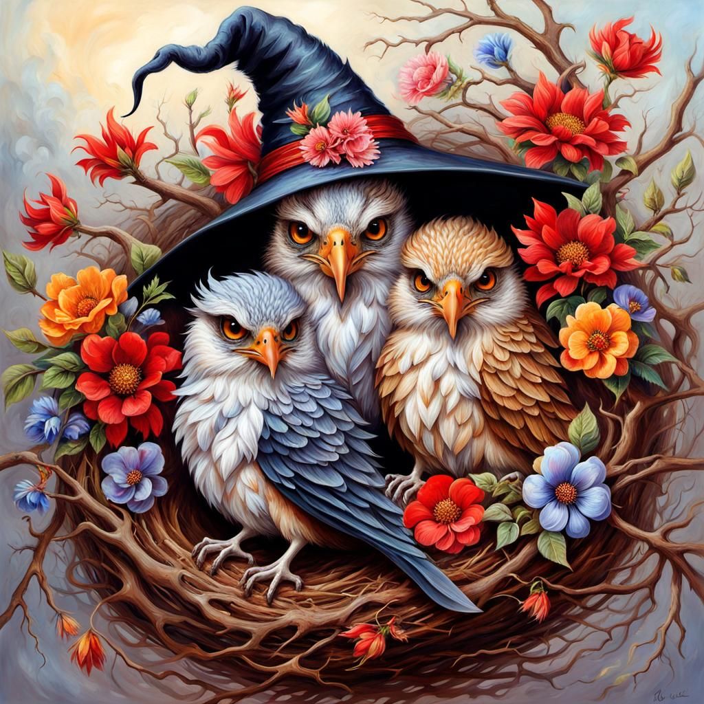 Griffins in Witch Hats, Old Master Painting