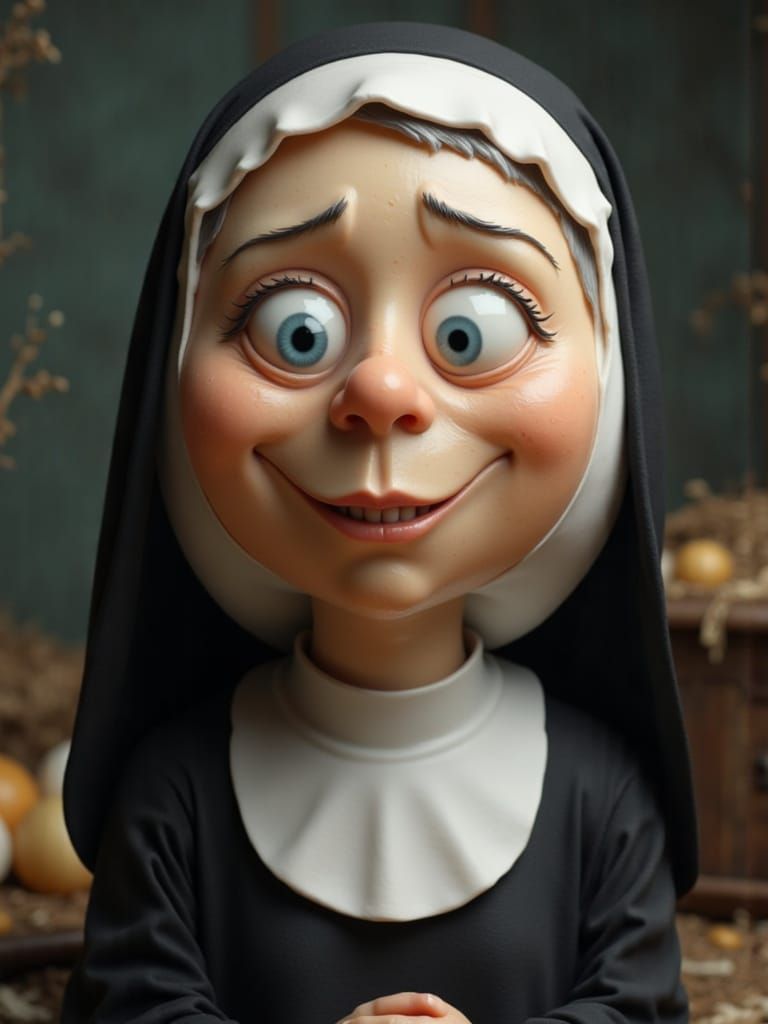 Whimsical Egg Nun with Doughy Blue Eyes
