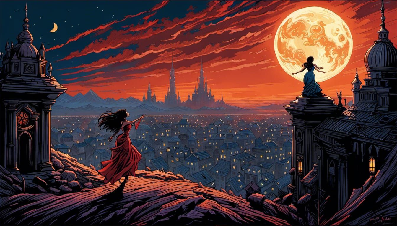 Eerie Dark Fantasy Dancer Under Moonlit Dystopia
