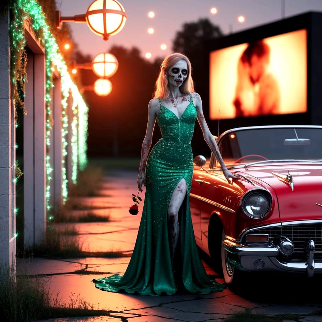 Zombie Prom Night: Elegant Decay in Amber Glow