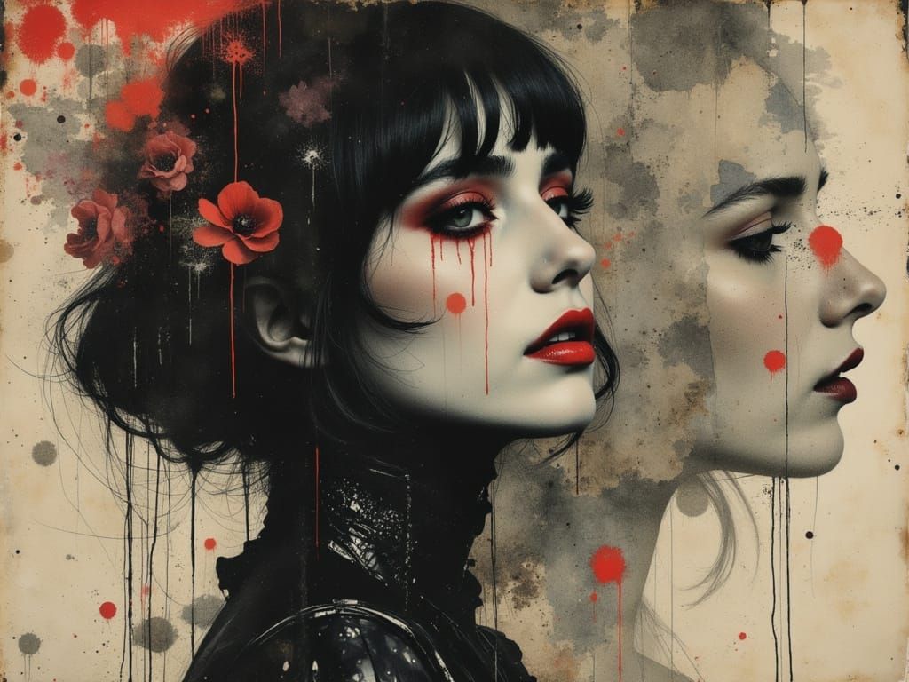 Ethereal Gothic Woman Portrait in Watercolor and Ink