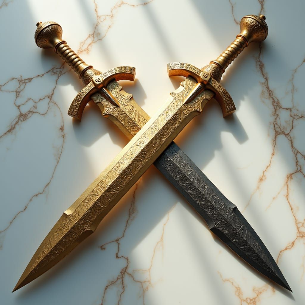 Ornate Gold and Silver Daggers on Marble