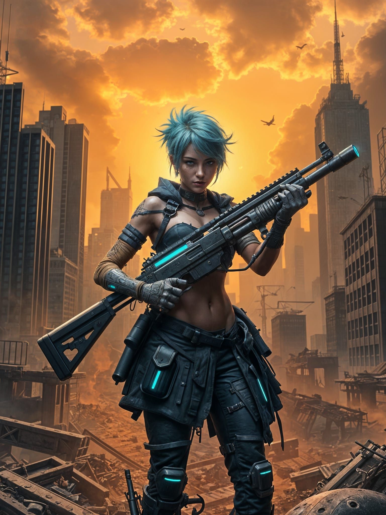 Cyberpunk Bandaged Heroine Stands Tall Amidst Dystopian Ruin...