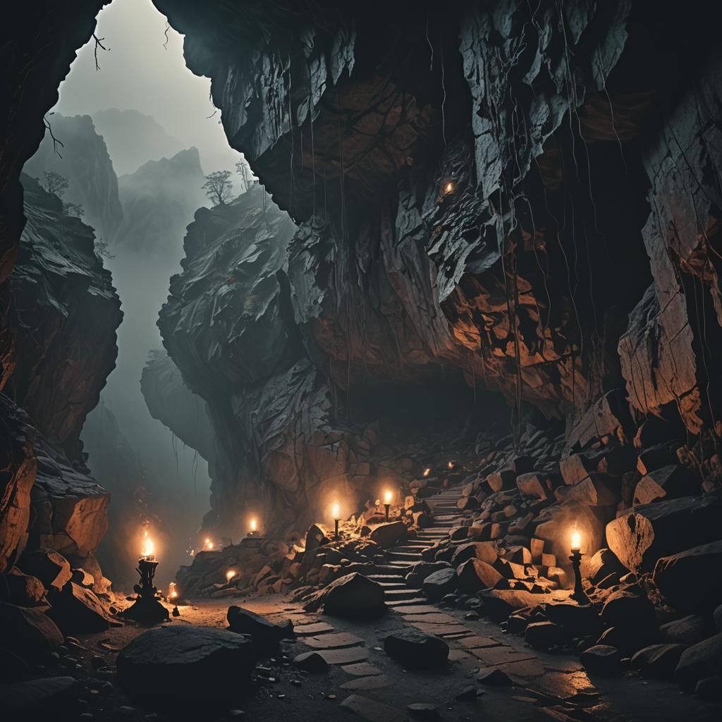 Eerie Mountain Cave in Dark Fantasy Style