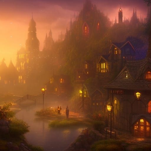 Mystical Village at Night: Detailed Matte Painting
