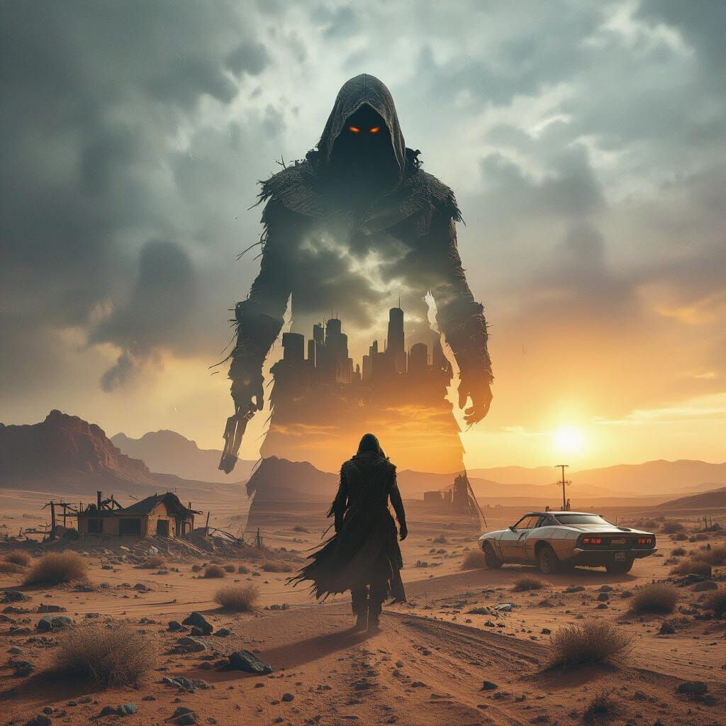 Post-Apocalyptic Desert Storm with Nomad Silhouette