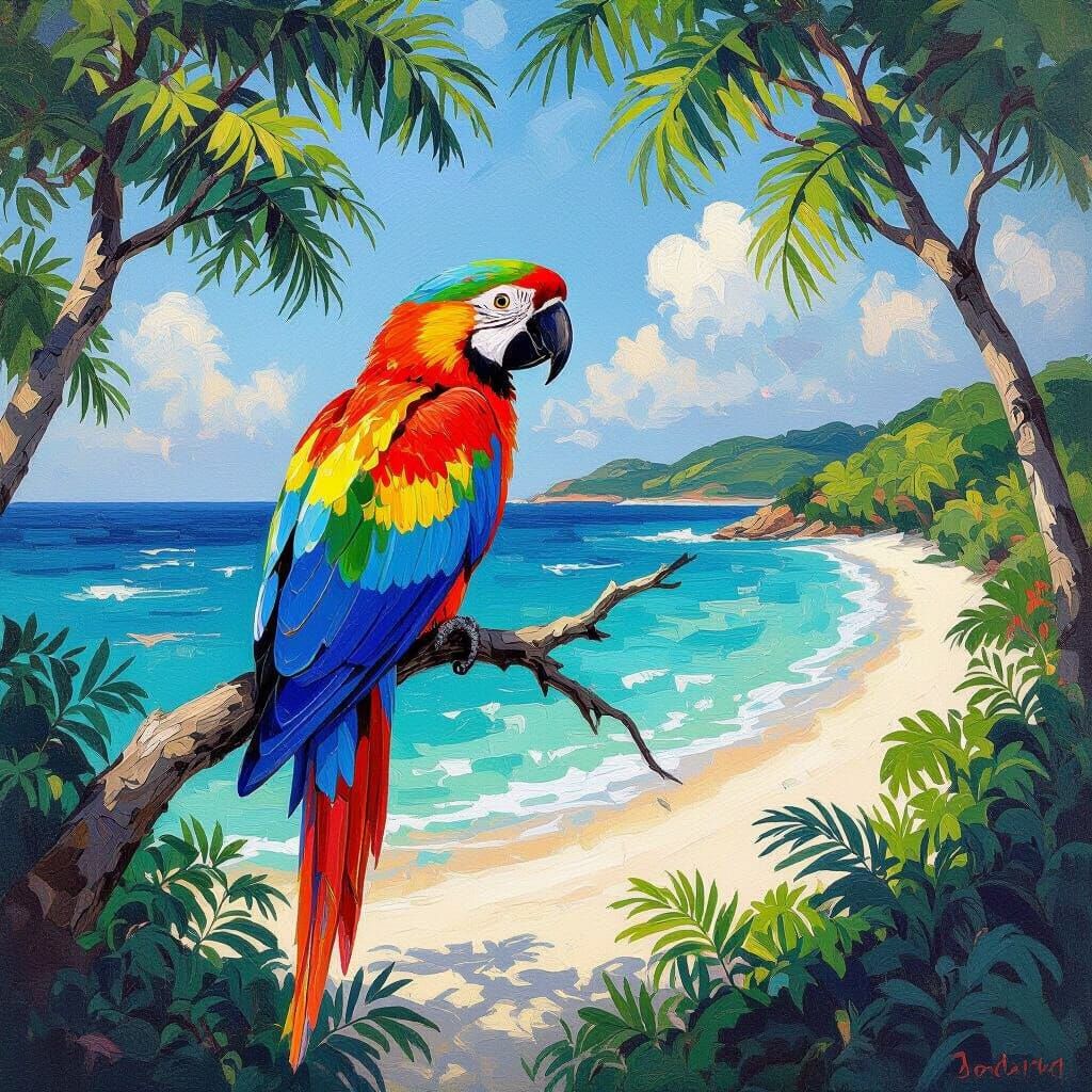 Colorful Parrot in Lush Beach Landscape, Impressionistic Sty...