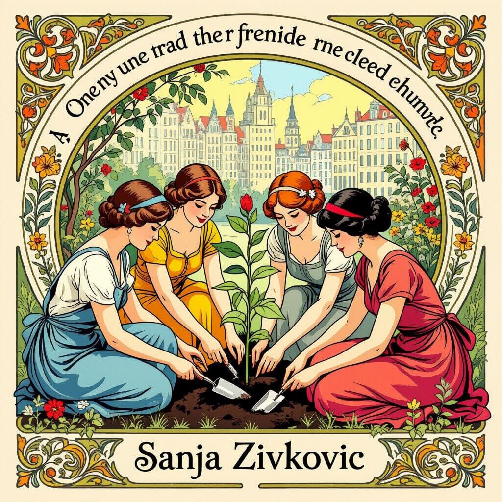Art Nouveau Scene of Community Planting in Urban Garden