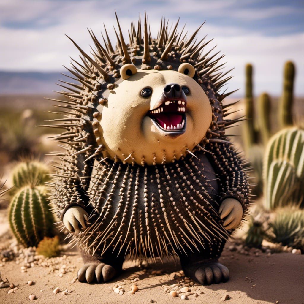 Happy Cactus Bear in Desert Landscape Photograph