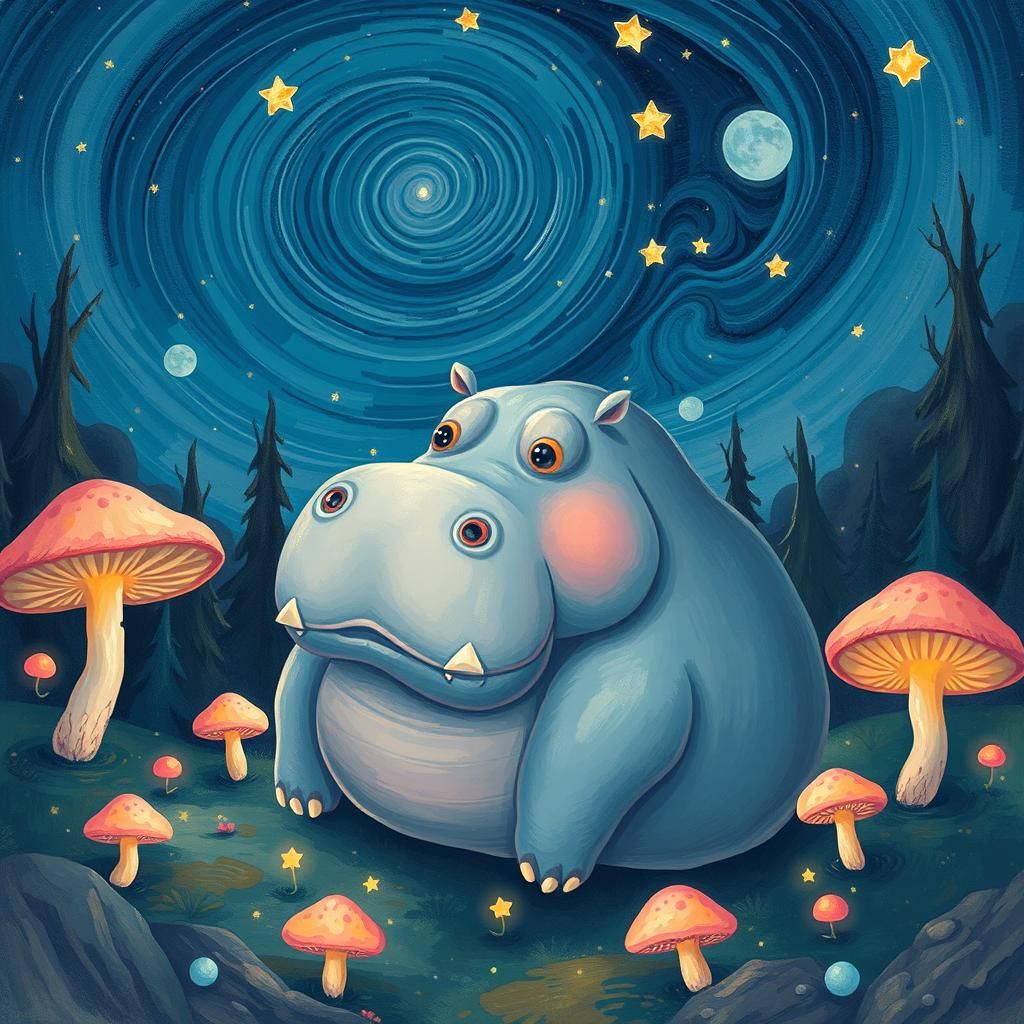Dreamy Hippo Under Starry Sky, Van Gogh-Inspired