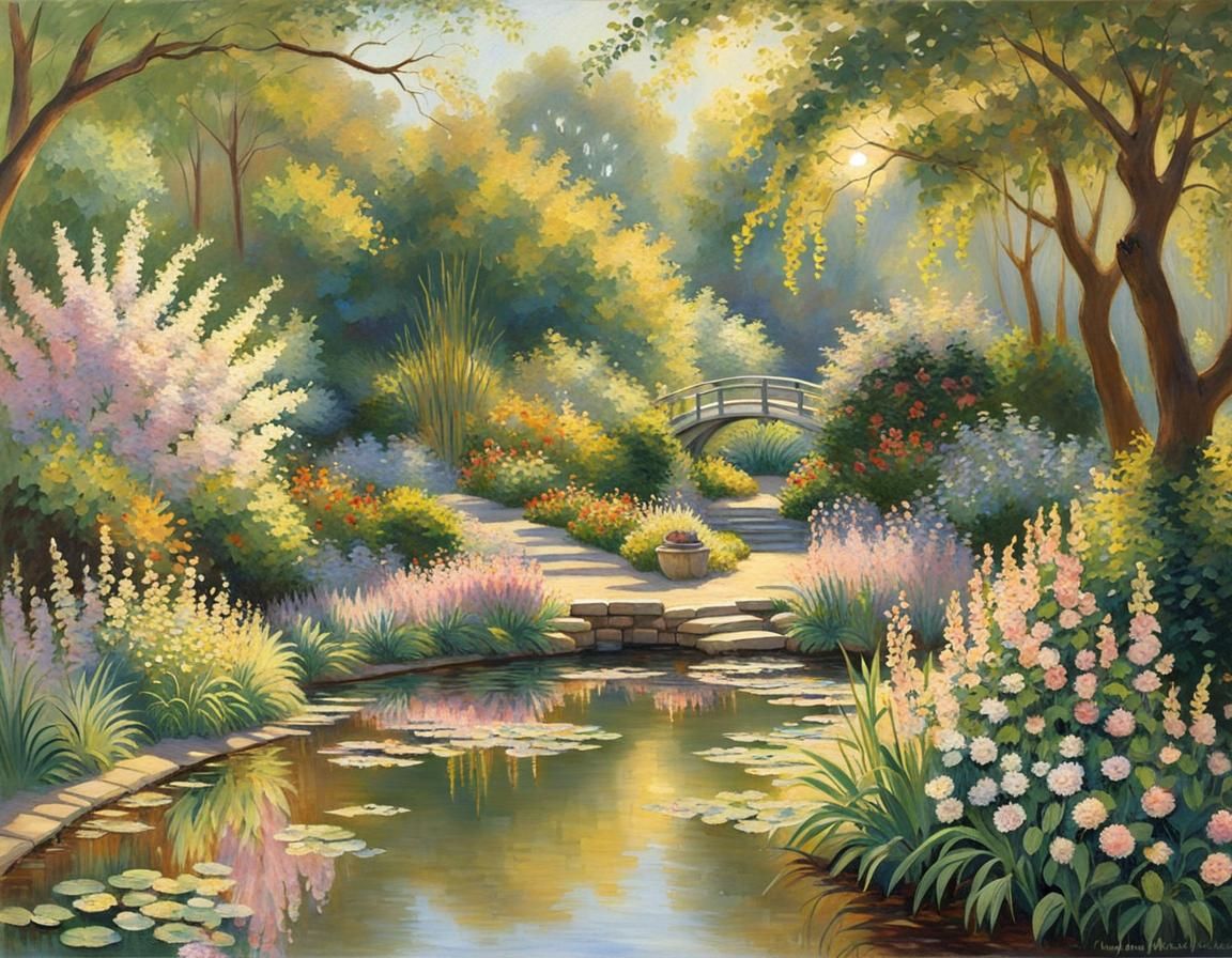Impressionist Garden with Pond and Flowers
