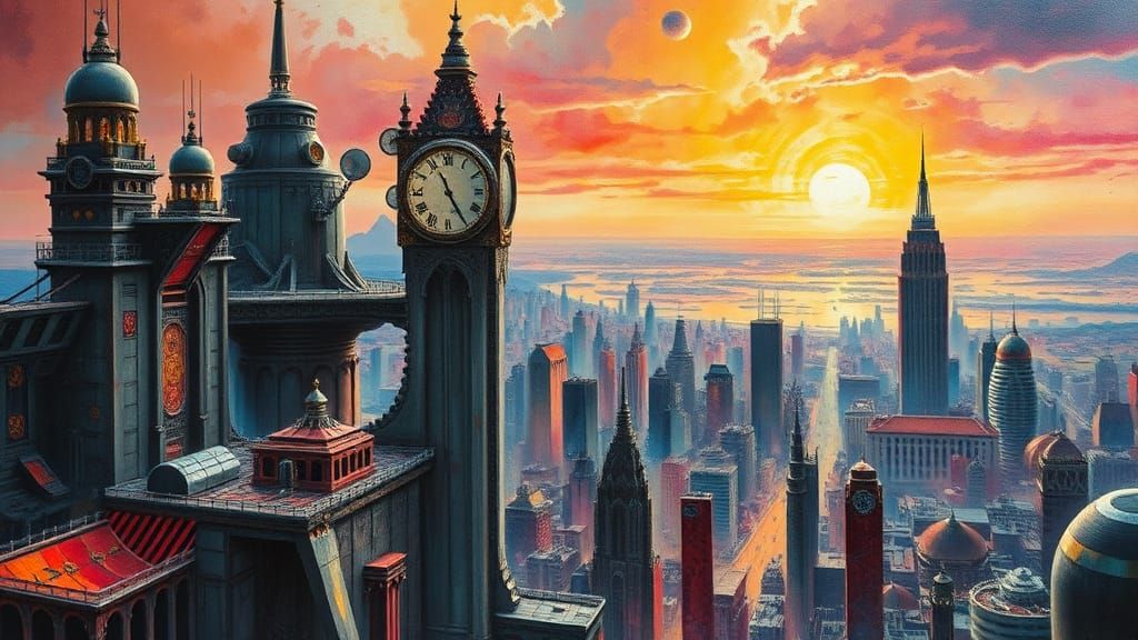 Sci-Fi Cityscape with Clock in Fluorescent Impasto Style