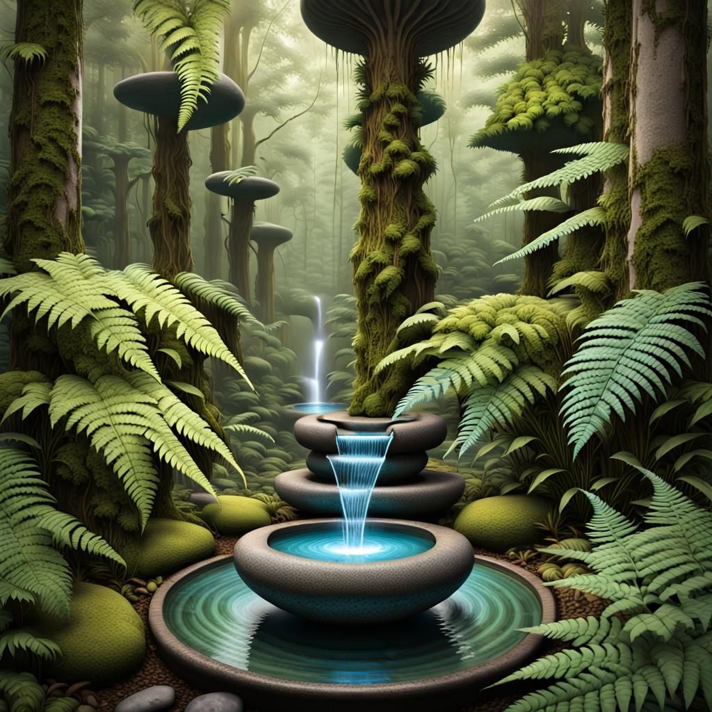 Zen Biomechanical Forest with Calming Waters