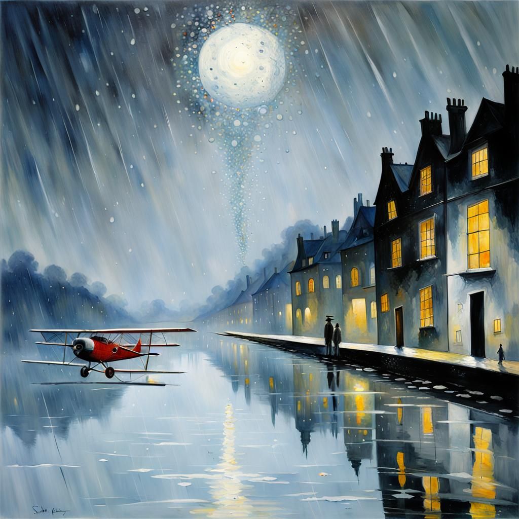 Vintage Airplane Over River Shore in Klimt Moonscape Style