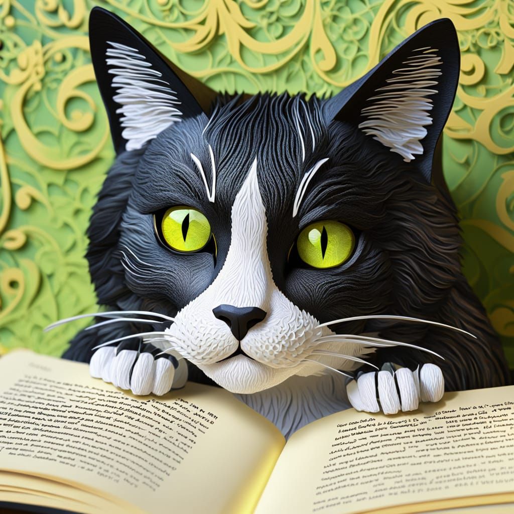 Paper Lace Cat Reads a Book: 3D Digital Art