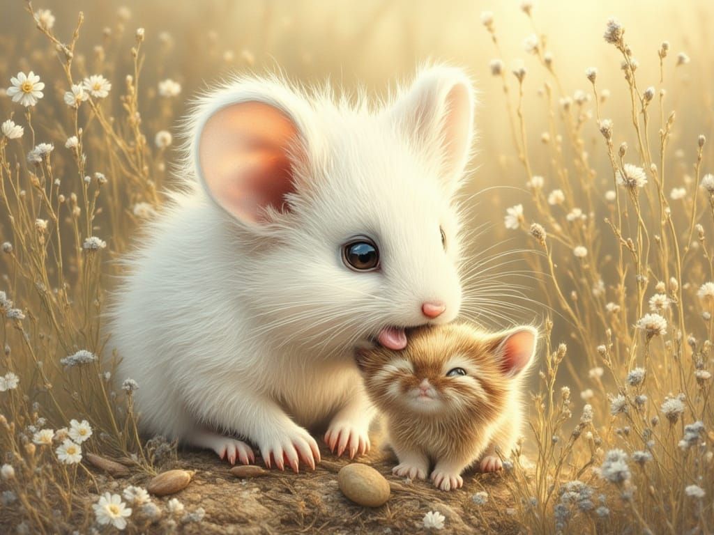 Whimsical Mouse and Kitten Encounter in Painterly Style